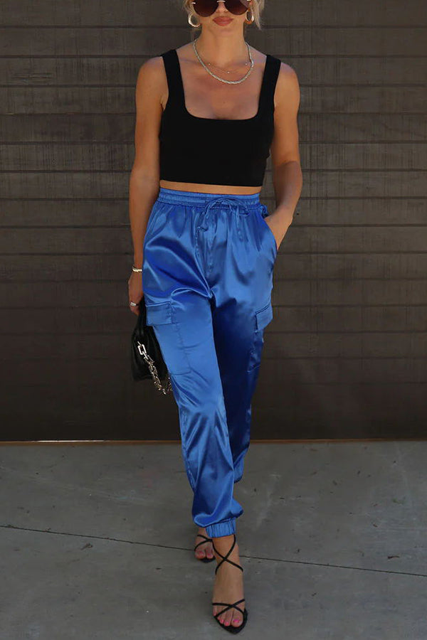 Something Great Satin Pocketed Elastic Waist Cargo Pants-consonak