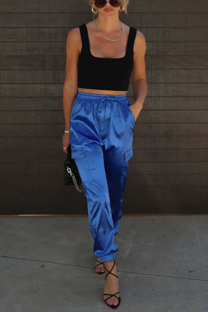 Something Great Satin Pocketed Elastic Waist Cargo Pants-consonak