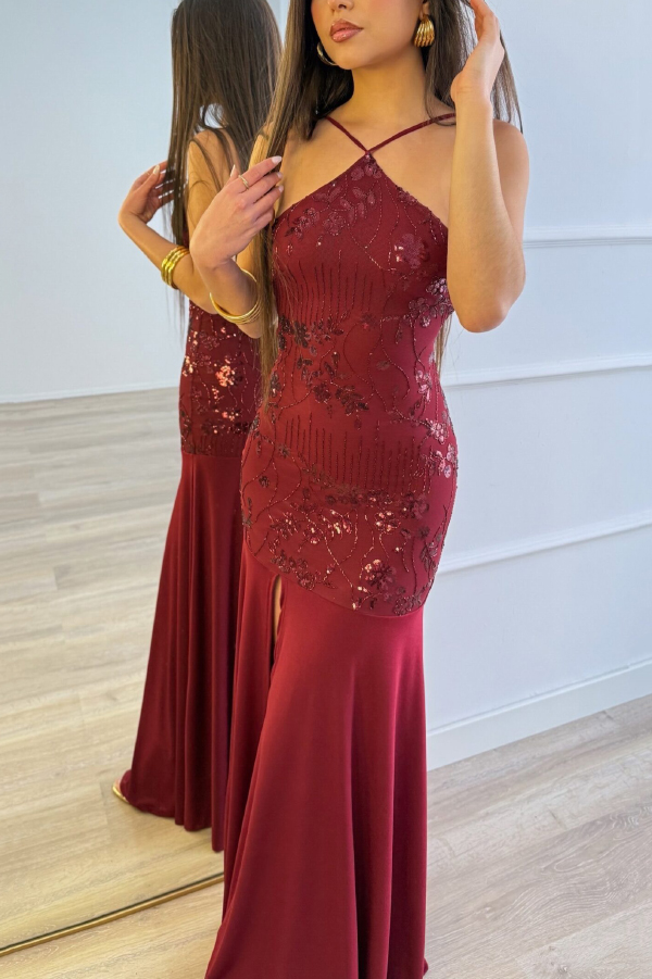 Fashionable Sequined Halter Neck Elegant Slim-fit Slit Maxi Dress-consonak