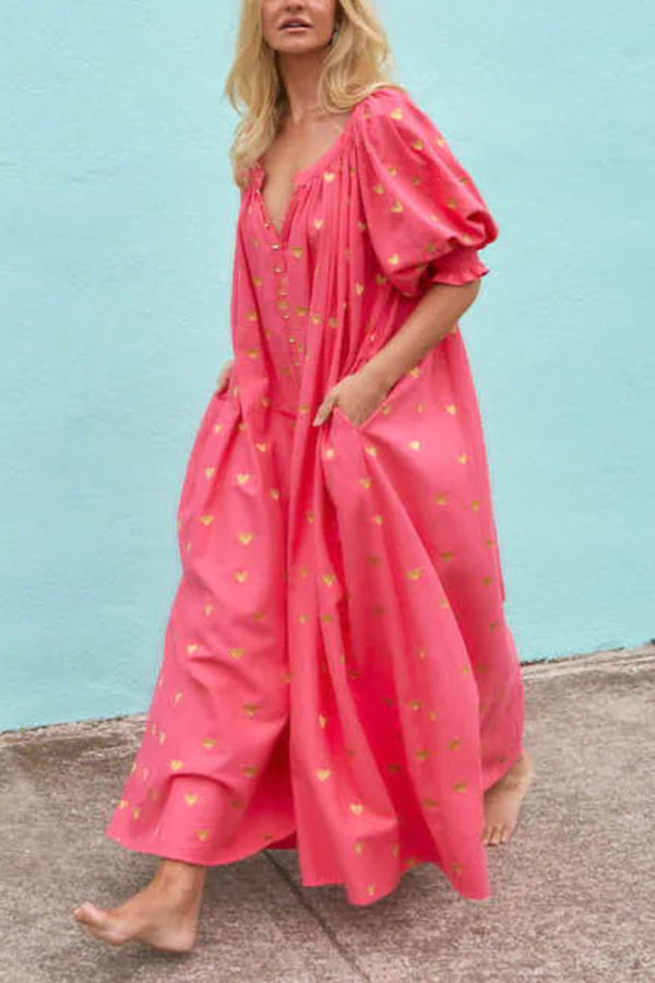 Valentine's Day Gold Heart Print Puff Sleeve Button Pocketed Loose Maxi Dress-consonak