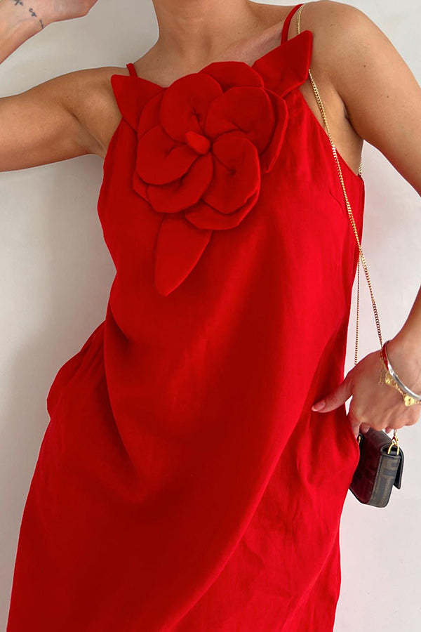 Vacay Ready Linen Blend Floral Embellishment Pocketed Slit Maxi Dress-consonak