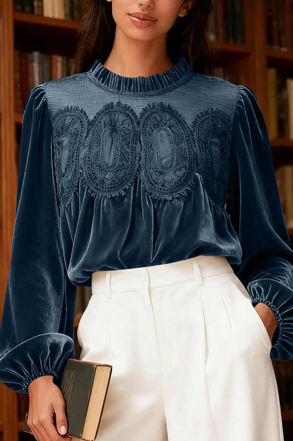 Fashionable Velvet and Lace Patchwork Loose Long-sleeved Top-consonak