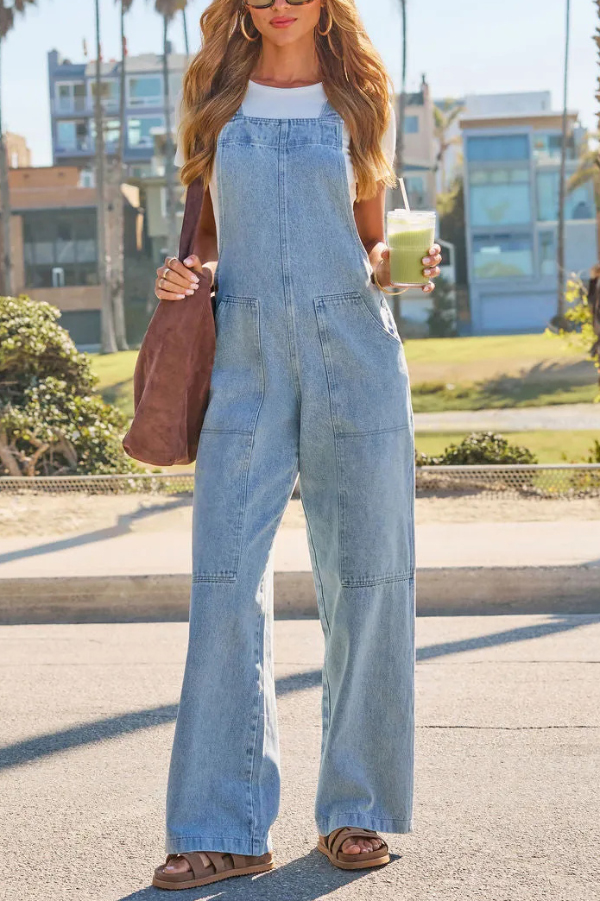 Stylish Loose Pockets Side Buttons Wide-leg Denim Jumpsuit