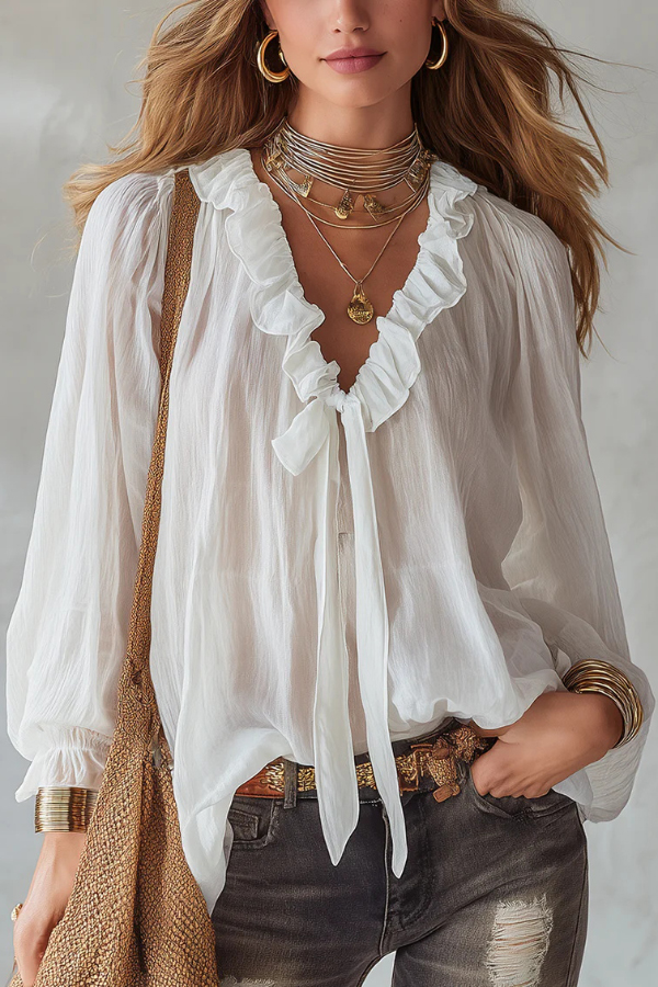 Stylish Long-sleeved V-neck Tie Loose Shirt Top
