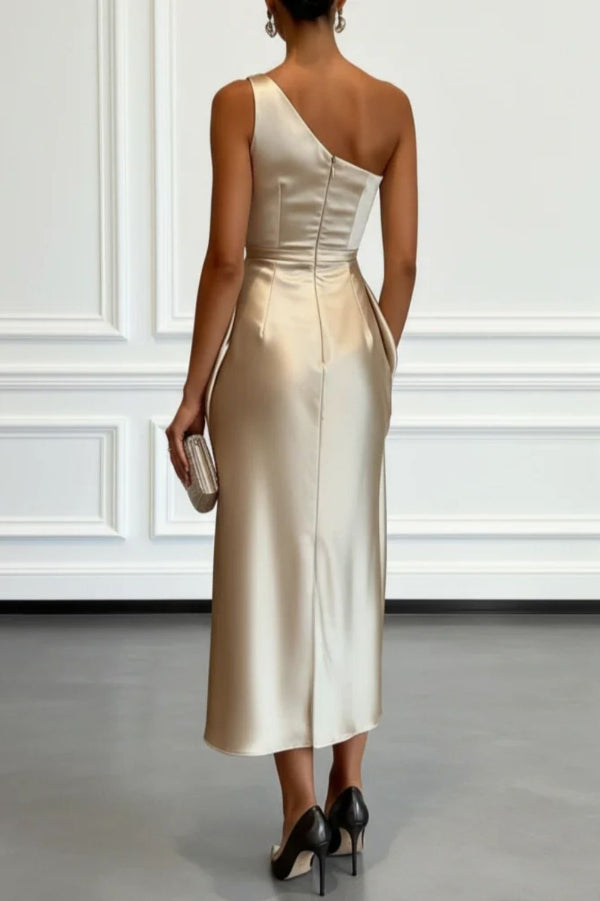 Satin One-shoulder Pleated Waist Elegant Midi Dress-Consonak