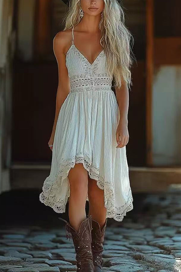 Bohemian Style Sling High-waisted Irregular Midi Dress-consonak