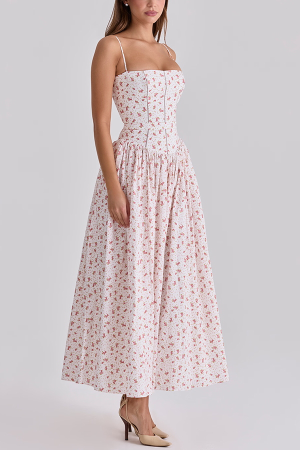 Romantic Countryside Stretch Cotton Blend Floral Print Cutout Trim Slip Midi Dress-consonak