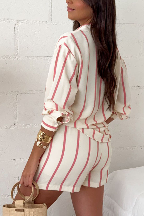 Leisure Time Striped Print Button Long Sleeve Shirt and Elastic Waist Pocket Loose Shorts Set-consonak