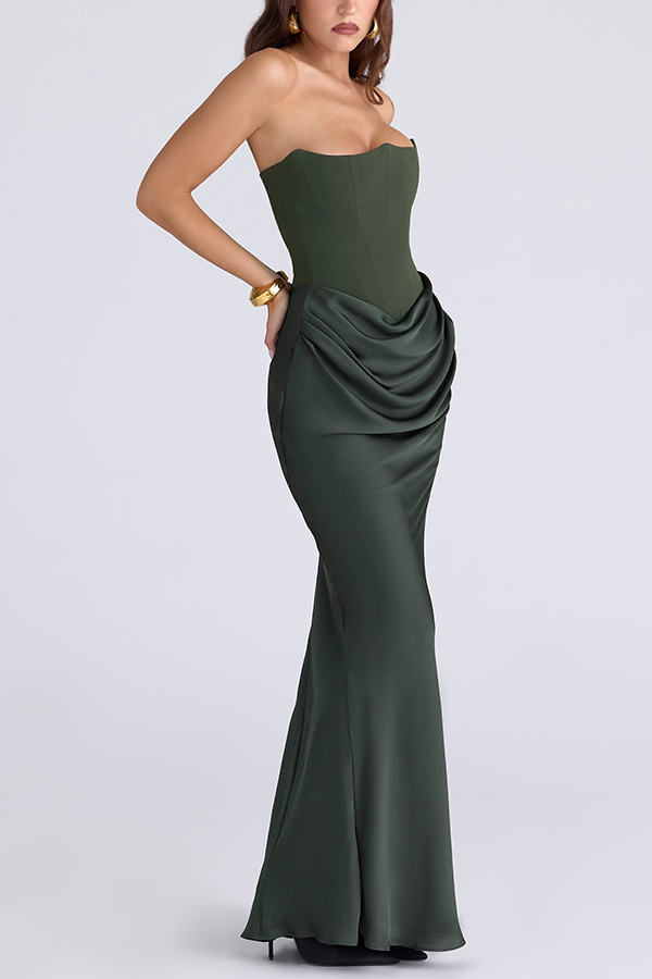 Attend The Gala Strapless Corset Satin Ruched Hip Drape Maxi Dress | Consonak
