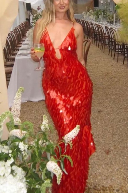 Reshape Beauty Fish Scale Sequin Cutout U-neck Slip Maxi Dress