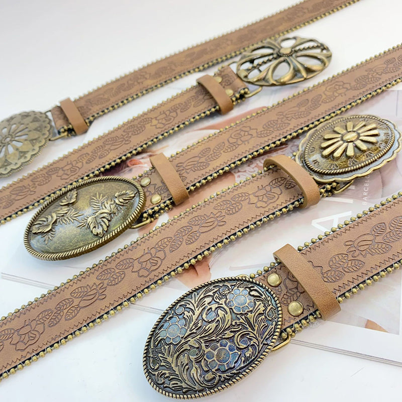 Retro Versatile Faux Leather Carved Brown Belt | Consonak