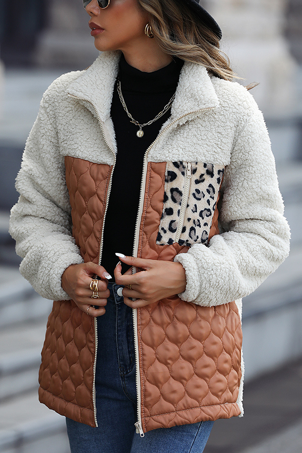 Casual Patchwork Plush Long Sleeve Leopard Print Pocket Loose Zipper Jacket-consonak