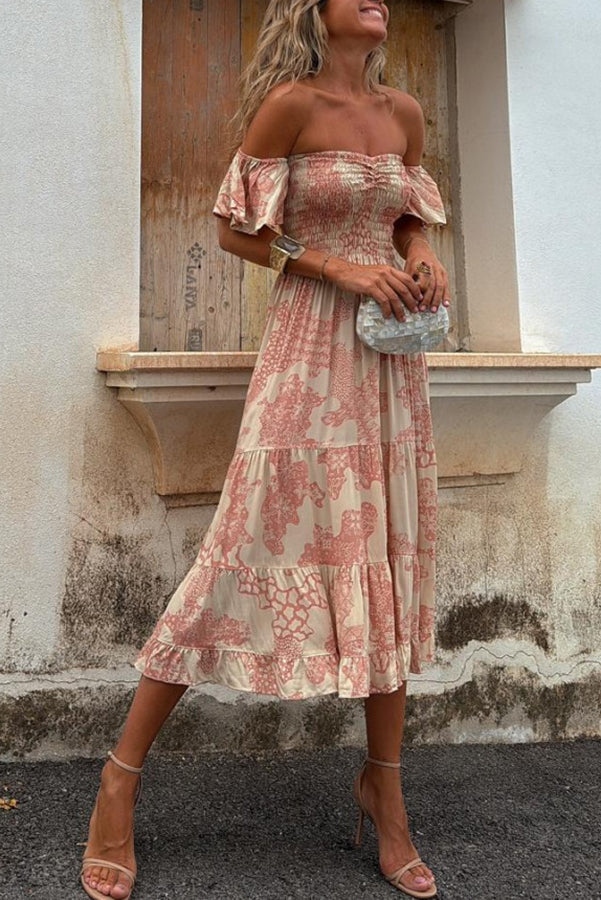 Pitaya Unique Print Off Shoulder Smocked Ruffle Sleeve Layered Midi Dress | Consonak