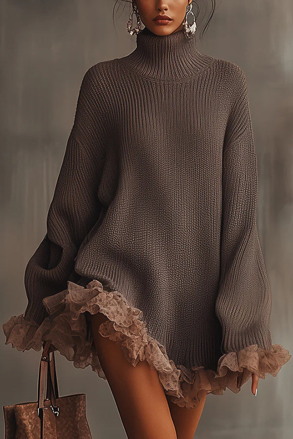 Solid Color Turtleneck Long-sleeved Loose Ruffle Knit Mini Dress-consonak