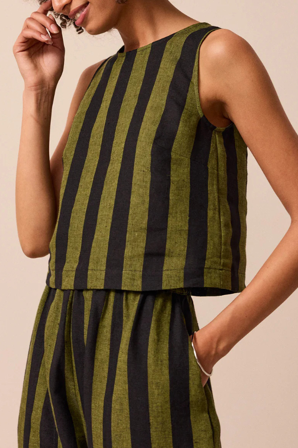 Striped Printed Crew Neck Sleeveless Top and Elastic Waist Wide-leg Pants Set | Consonak