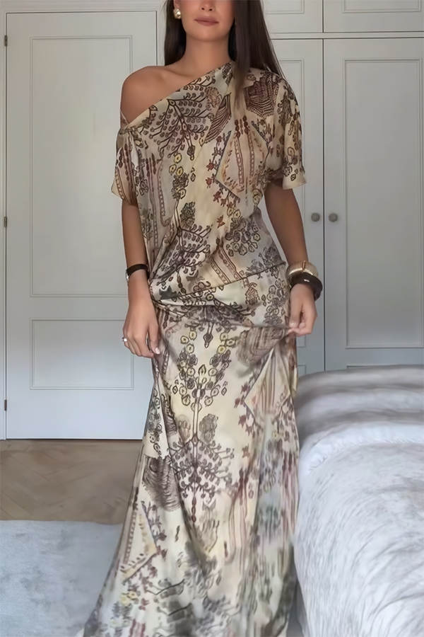 Cassie Satin Unique Print One Shoulder Ruched Waist Asymmetrical Hem Maxi Dress