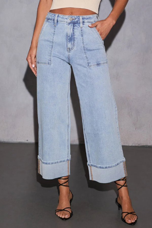 Stylish High-waisted Pocket Casual Stretch Wide-leg Jeans