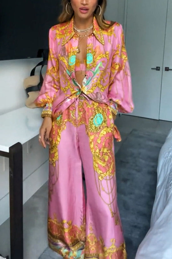 Mermaid Motel Unique Print Long Sleeve Loose Shirt and Elastic Waist Pants Set-consonak