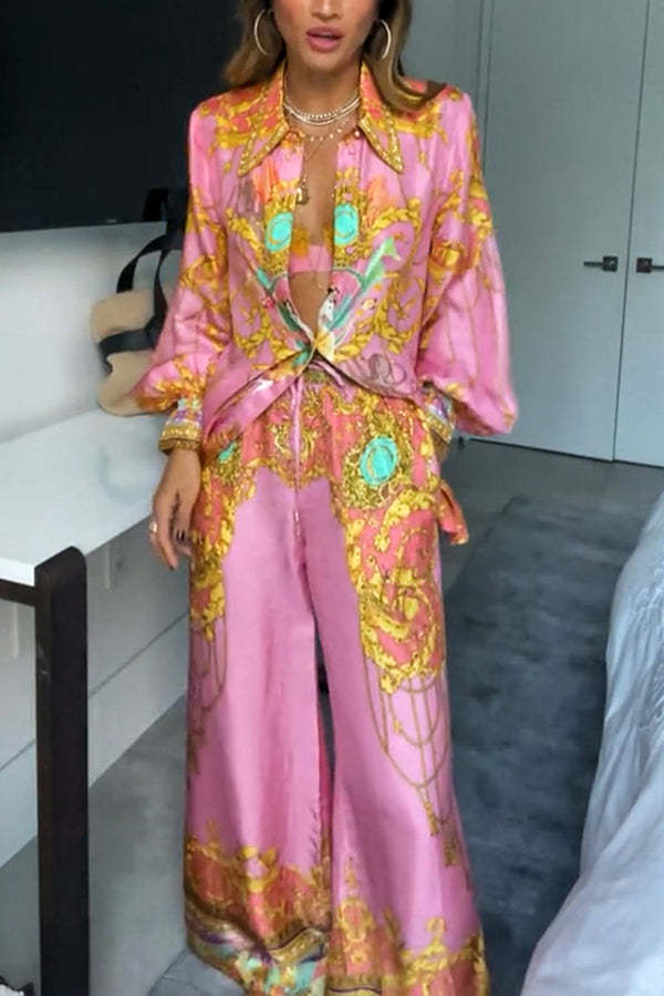 Mermaid Motel Unique Print Long Sleeve Loose Shirt and Elastic Waist Pants Set-consonak