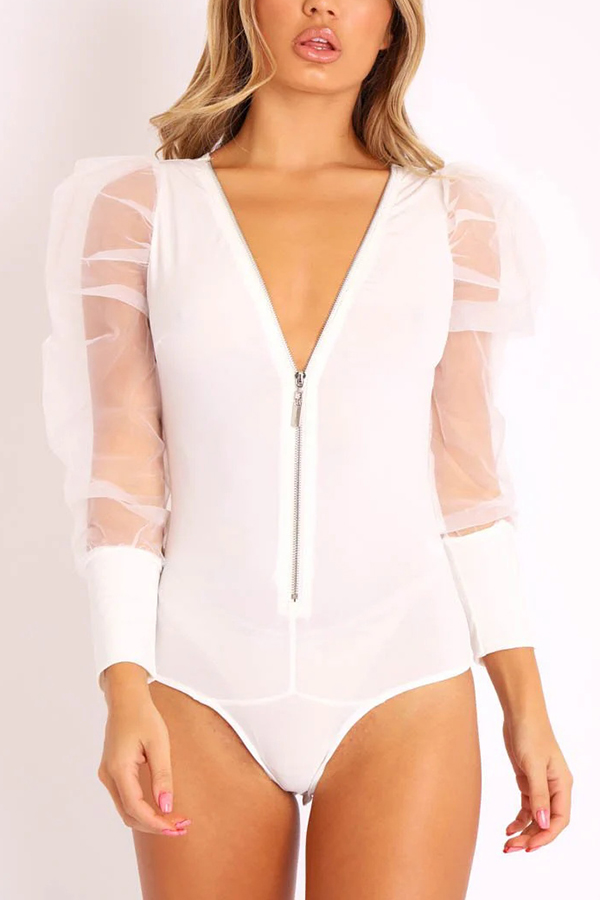 Solid Color Zip Front Sheer Puff Sleeves Bodysuit-consonak