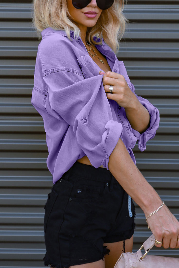 Stylish Lapel Long-sleeved Pocket Button Casual Denim Shirt