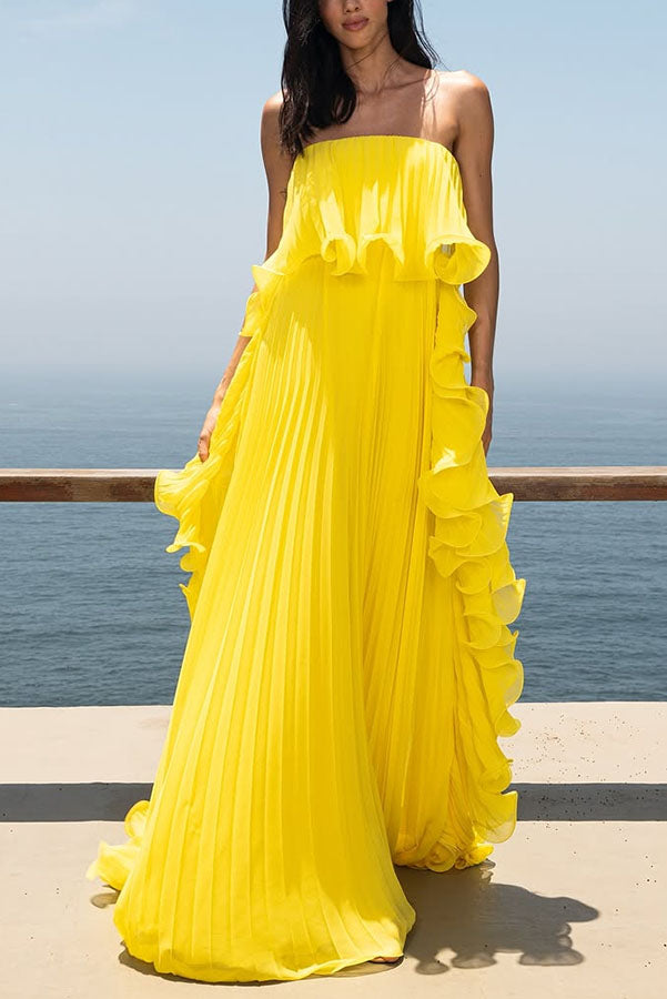 Reina Chiffon Pleated Wavy Ruffles Trim Strapless Loose Maxi Dress | Consonak