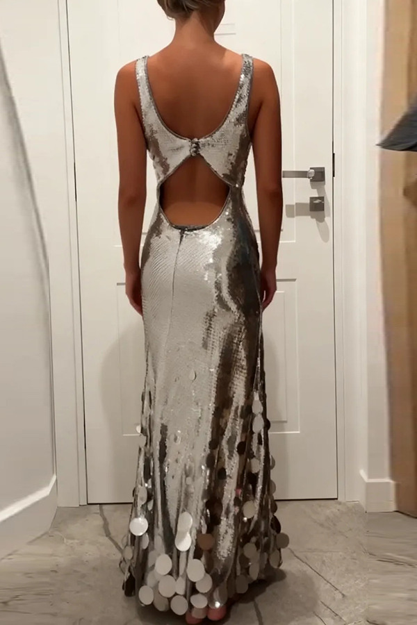 Party Tips Sequin Irregular Round Tassels Hem Back Cutout Tank Maxi Dress-consonak