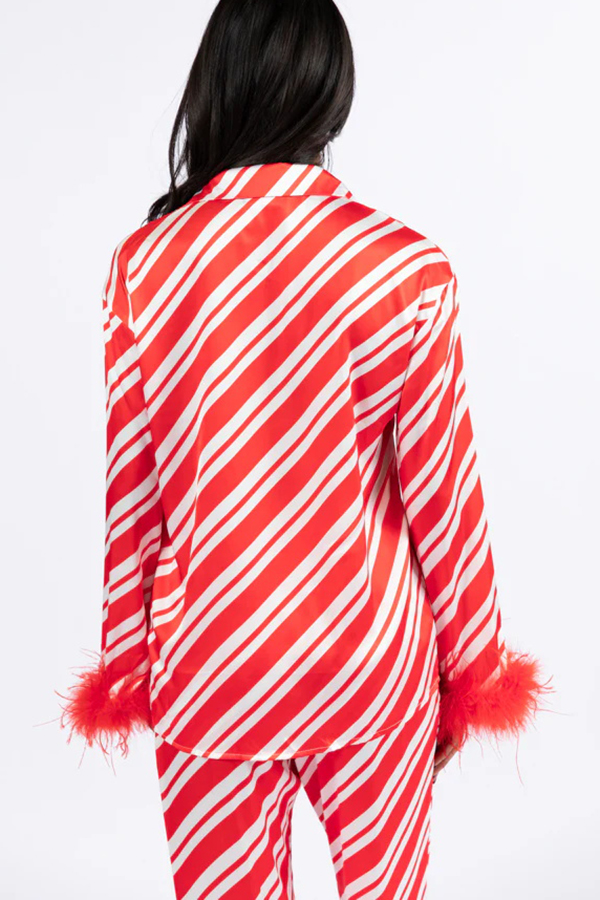 Christmas Party Striped Print Pocket Feather Elastic Waist Pajama Set-consonak