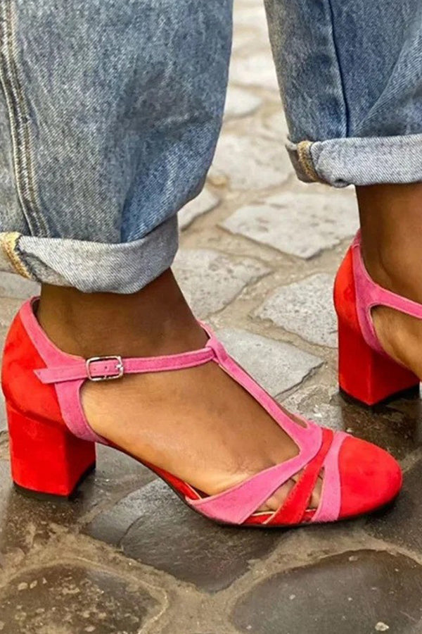 Color-blocked Faux Suede Chunky Heel Sandals-Consonak