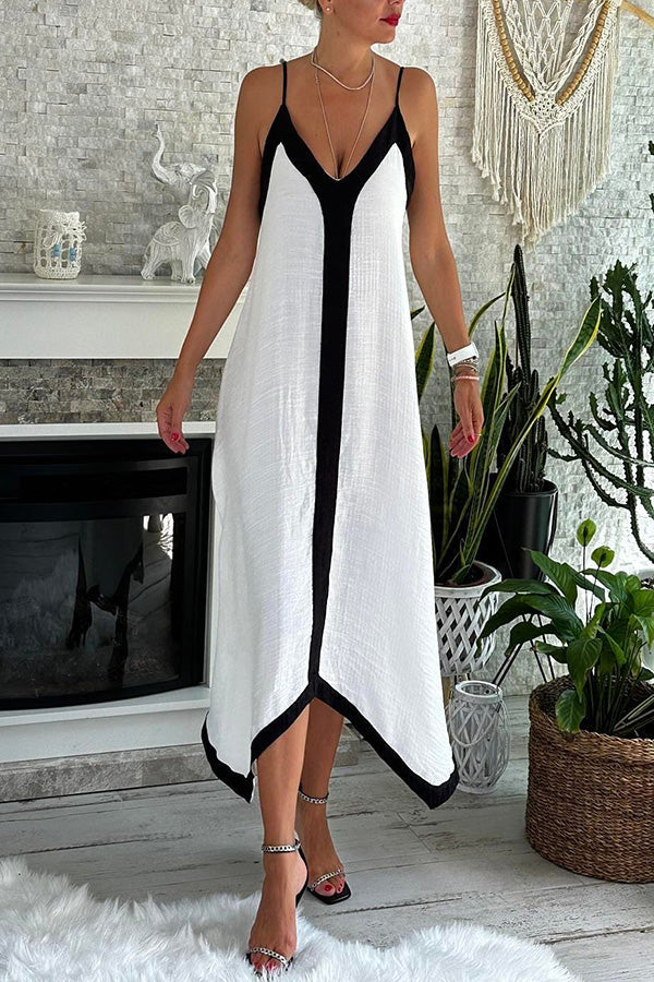 Traveling The Horizon Satin Colorblock Strap Loose Maxi Dress-consonak