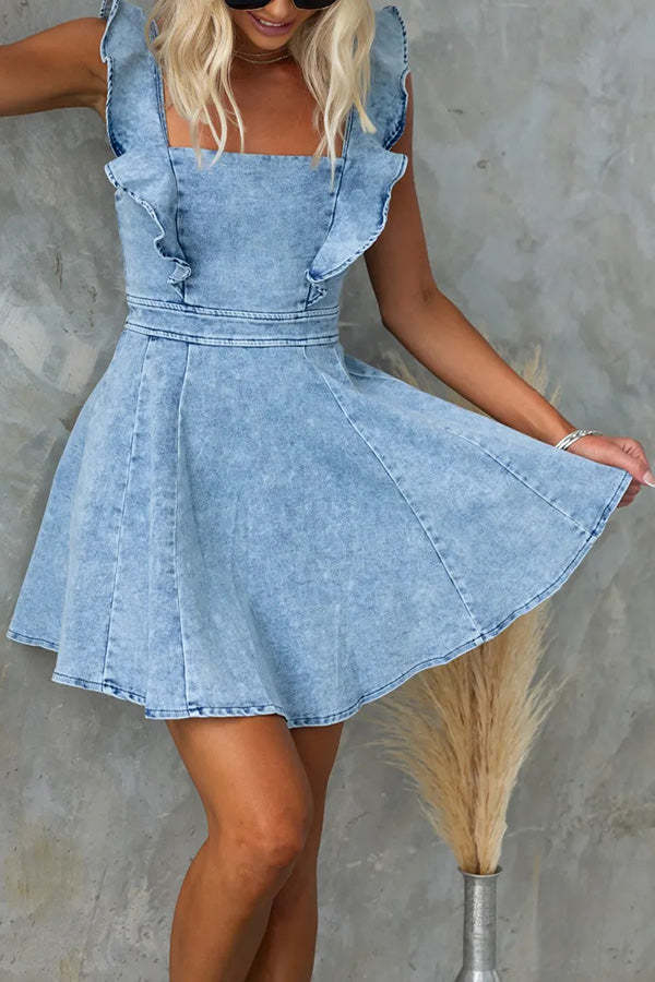 Sweet Secret Denim Square Neck Ruffle Sleeve Stretch Mini Dress-consonak