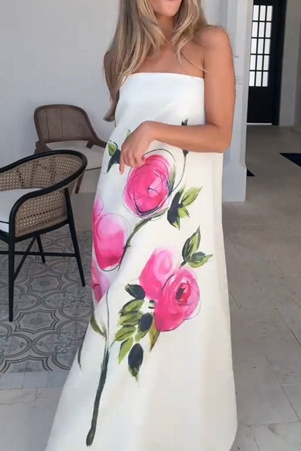 Garden Wedding Painted Roses Print Strapless A-line Maxi Dress-consonak