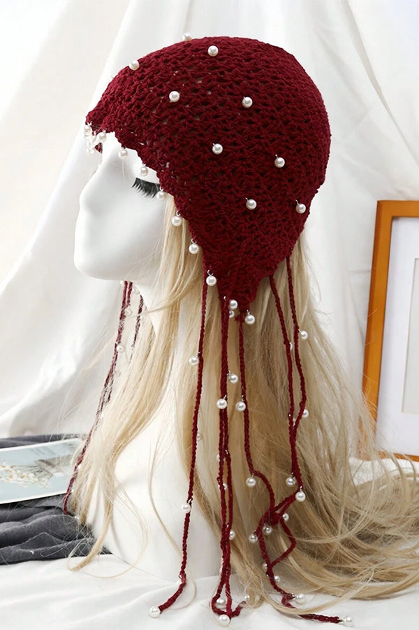 Solid Pearl Embellished Hollow Knit Hat-consonak
