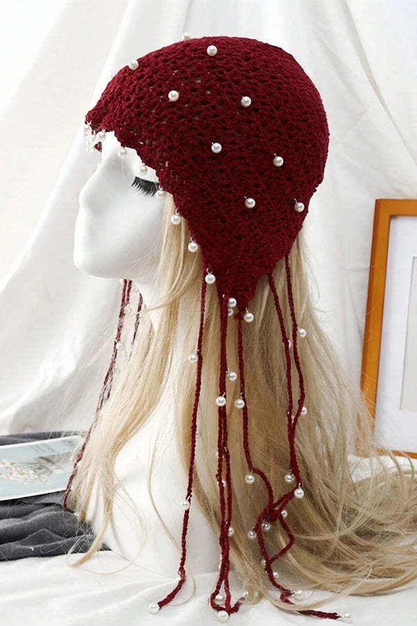 Solid Pearl Embellished Hollow Knit Hat-consonak