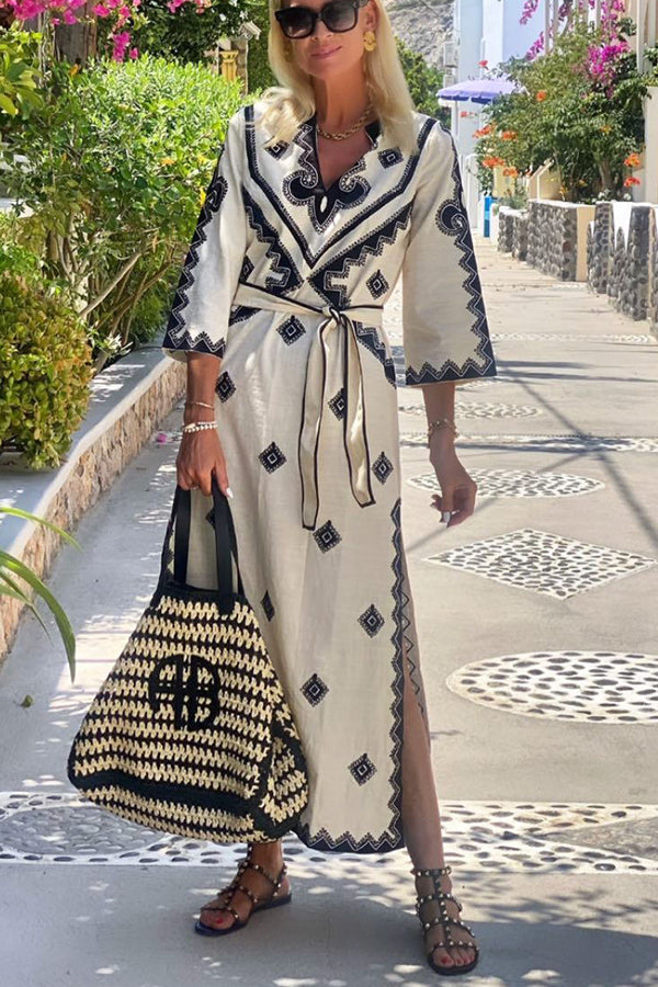 Quiet Atmosphere Linen Blend Ethnic Print Belted Midi Dress-consonak