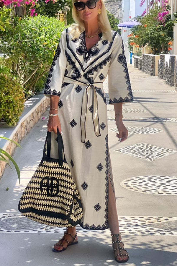 Quiet Atmosphere Linen Blend Ethnic Print Belted Midi Dress-consonak