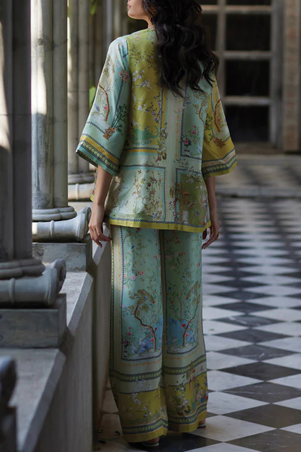 Elonie Satin Floral Print V-neck Half Sleeve Top and Elastic Waist Wide Leg Pants Set-consonak