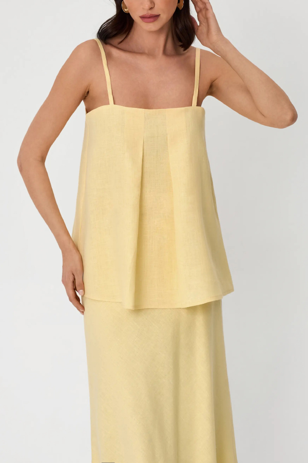 Linen Blend Loose Square Neck Camisole Top and Elegant Resort Maxi Skirt Set-consonak