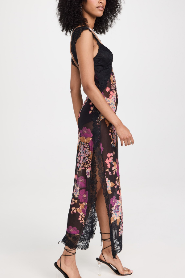 Floral Print Lace Patchwork Hollow-out Slim-fit Midi Dress-consonak