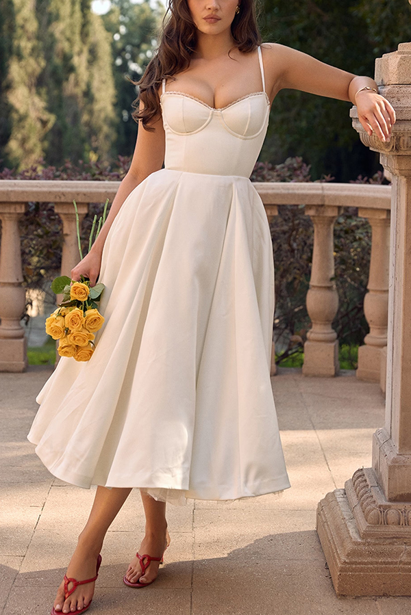 Fairytale Vibe Satin Patchwork Tulle Sweetheart Neck Pocket Stretch Midi Dress-consonak