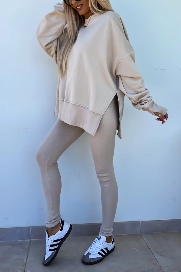Solid Color Loose Long Sleeve SlitSweatshirt and Elastic Waist Tight Pants Set-consonak