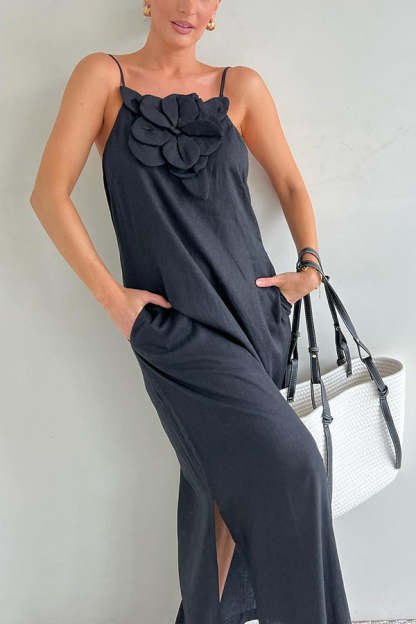 Vacay Ready Linen Blend Floral Embellishment Pocketed Slit Maxi Dress-consonak