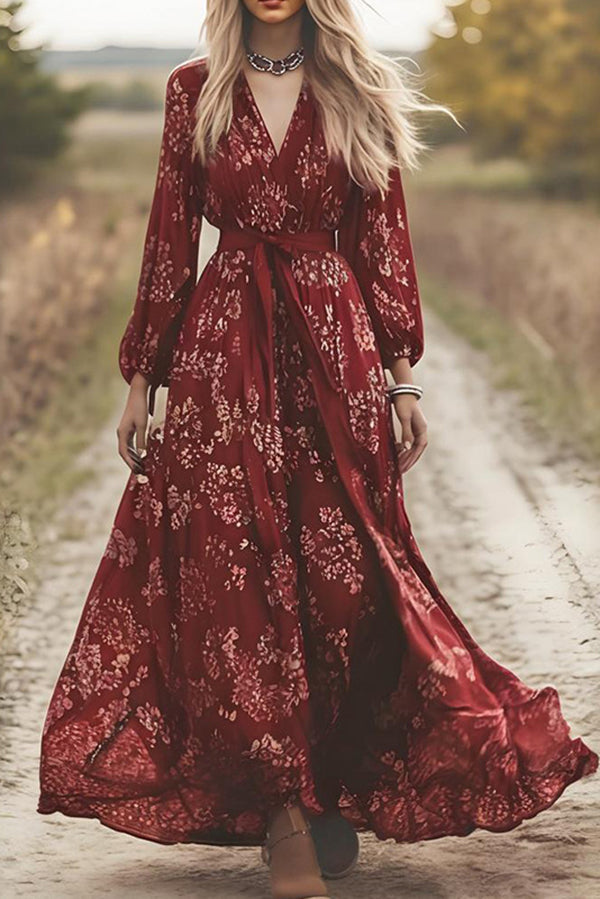 Floral Print V-neck Long-sleeved Fitted Waist Tie Maxi Dress-consonak