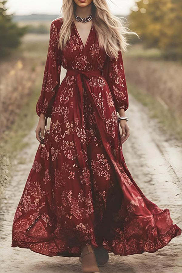 Floral Print V-neck Long-sleeved Fitted Waist Tie Maxi Dress-consonak