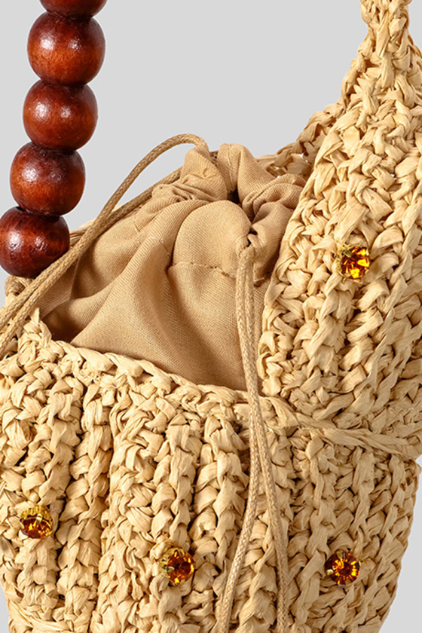 Seashell-shaped Wooden Beaded Zircon-embellished Straw Bag
