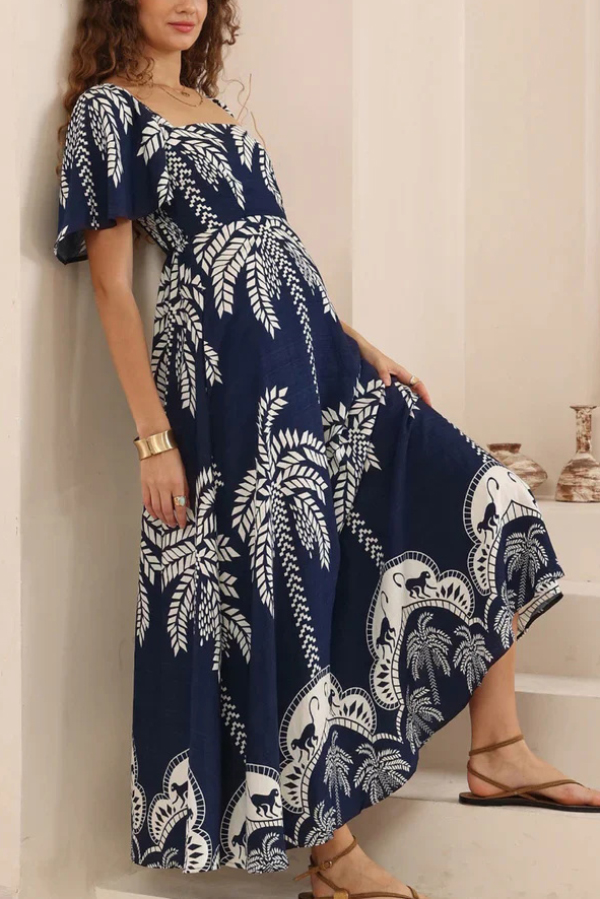 Plant Print Short-sleeved Square Neck Casual Pocket Holiday Midi Dress-consonak