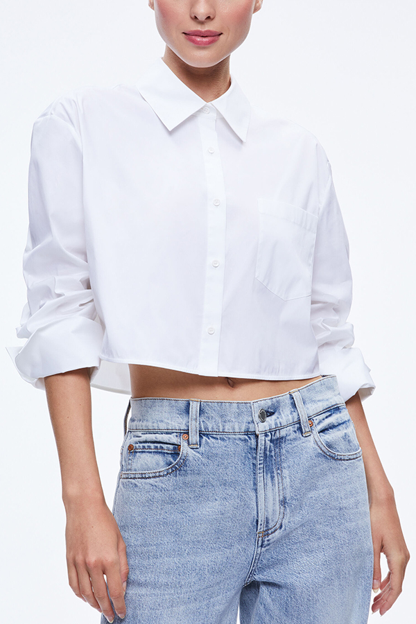 Easy Outfit Idea Long Sleeve Pocket Crop Oversized Fit Blouse