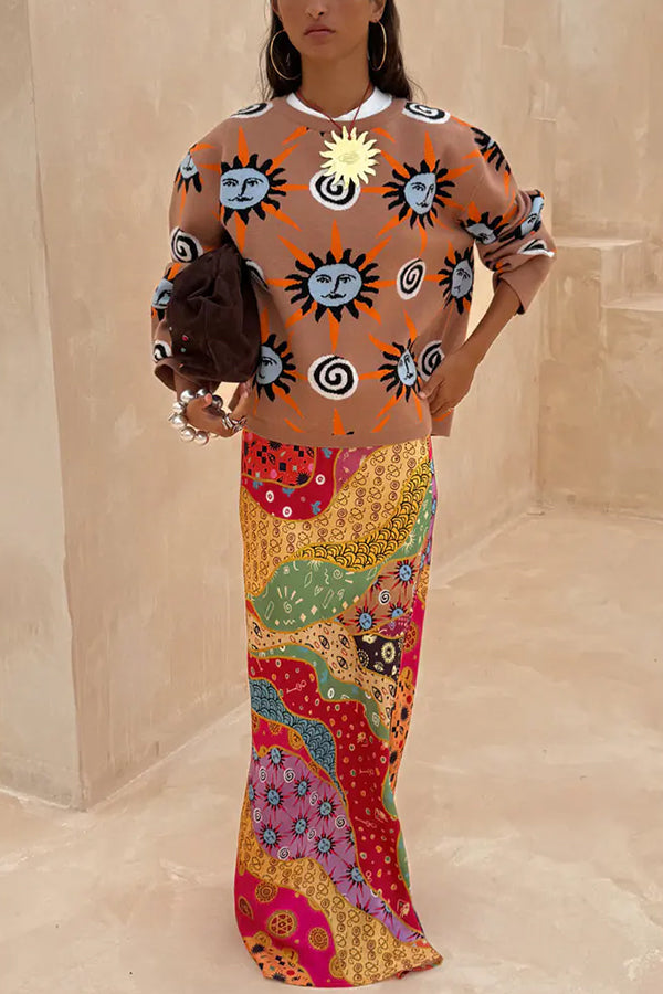 Mediterranean Art Knit Unique Sun Vortex Print Long Sleeve Relaxed Sweater-consonak