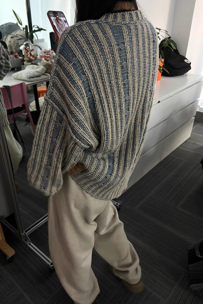 Retro Contrast Striped Knitted Loose Sweater-consonak
