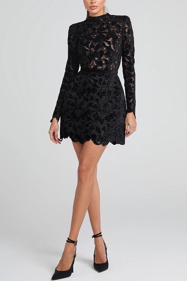 Lydia Embroidered Floral Lace Long Sleeve Belt Tulip Shaped Mini Dress-consonak